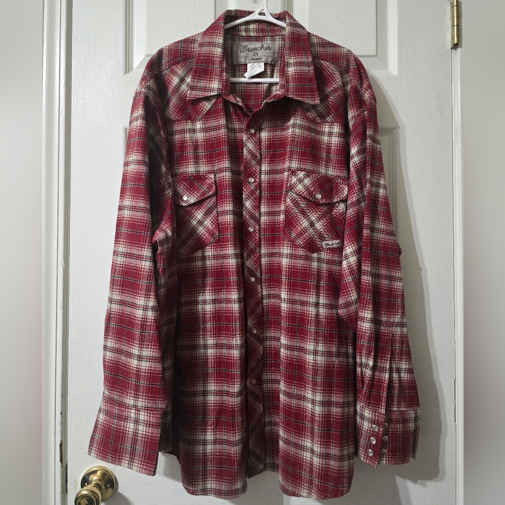 Vintage 90s Wrangler Wrancher Pearl Snap Cotton Plaid Flannel, Men's Size 3X.